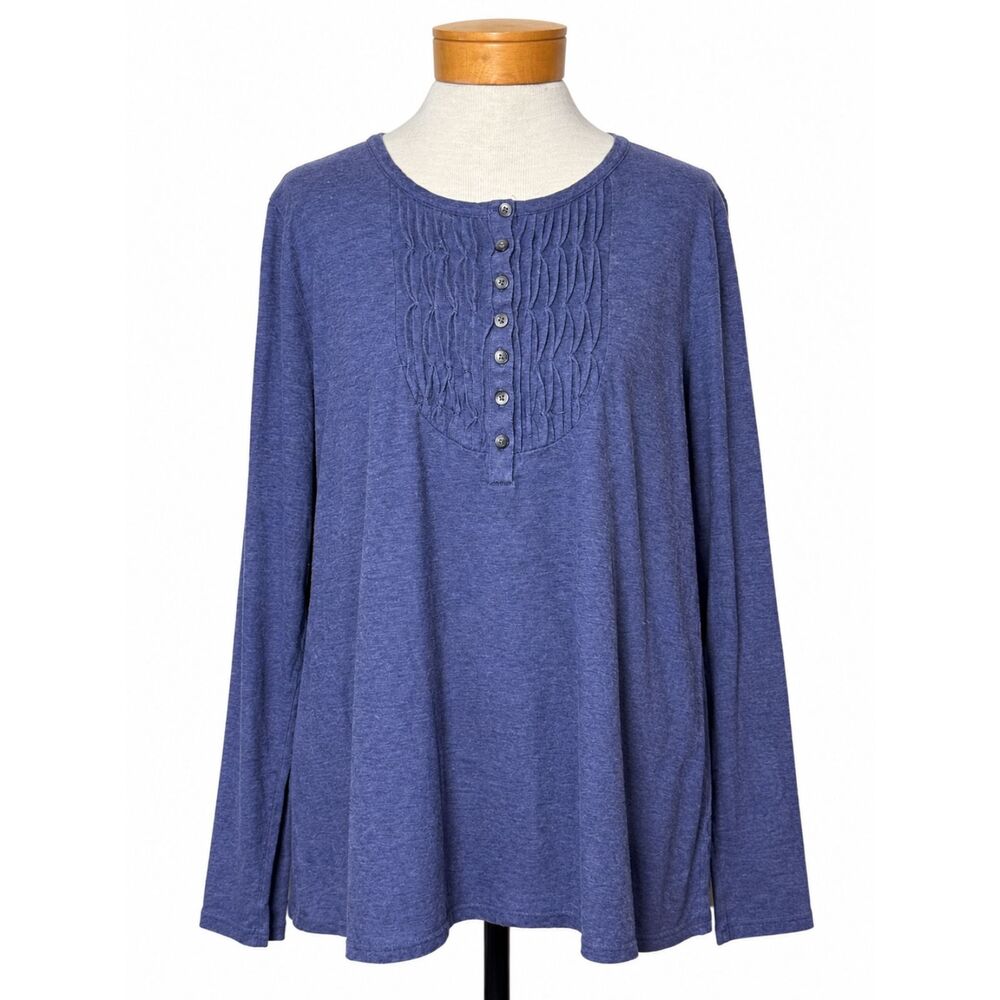 J.Jill Blue Heathered Cotton Pleated Bib Henley Top Shirt XL Coastal Long Sleeve